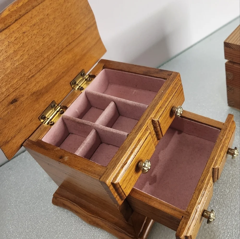 Lot 3 small wooden jewelry boxes velvet lined w drawers raw wood w‎ latch hinged